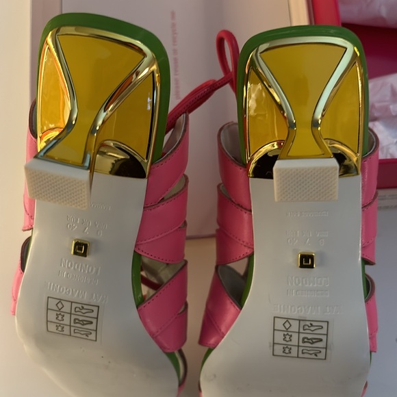 Iconic Kat Maconie pink and green Nappa leather Sandals with 2” heels. - Picture 9 of 10